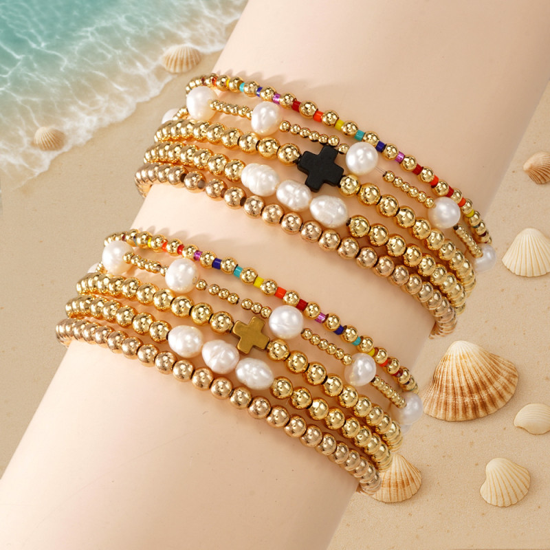 Vintage Light Luxury Bracelet Five-Piece Set Metal Copper Beads Black Cross Freshwater Pearl Mixed Color Miyuki Multi-Layer Stacking