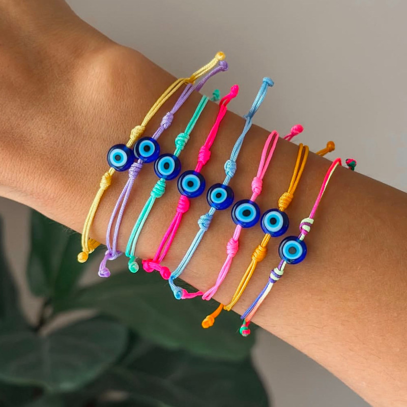 Cross-Border Hot Sale Eight-Piece Set Glass Flat Bead Bracelet Fashion Versatile Blue Evil Eye Hand-Woven Bracelet