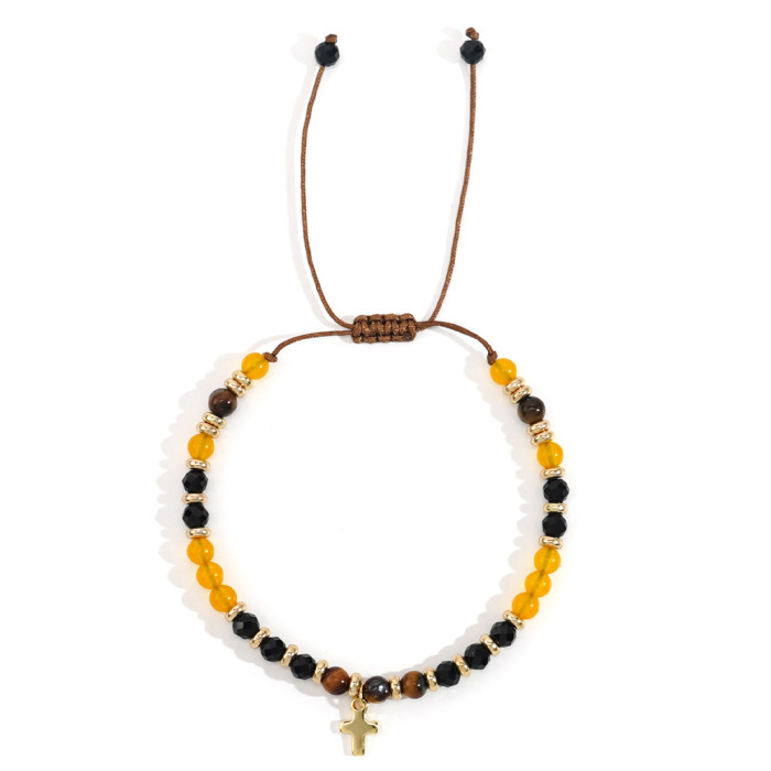 Cross-Border New Natural Stone Beaded Bracelet Gold Bead Spacer Wax Thread Hand-Woven Bracelet Cross Natural Bracelet