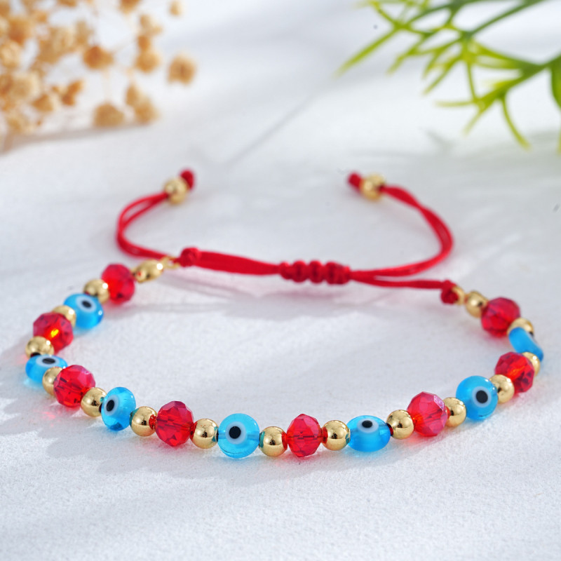 Versatile Daily Bracelet Transparent Red Crystal Flat Beads Blue Glass Flat Beads Metal Copper Beads Woven Style