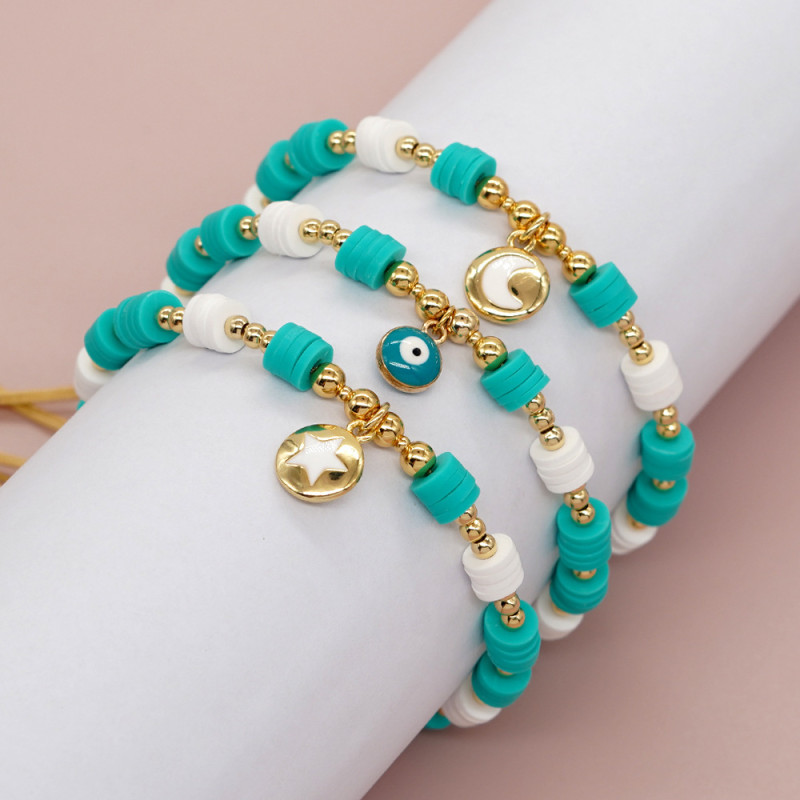 White and Green Beaded Devil's Eye Bracelet for Women, Cross-Border INS Style, Star and Moon Pendant, Adjustable Woven Bracelet Jewelry