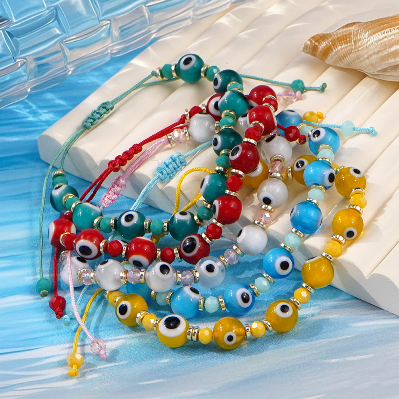 Cross-Border Hot-Selling Devil's Eye Glass Bracelet Bohemian Style Colorful Glass Beads Adjustable Woven Bracelet