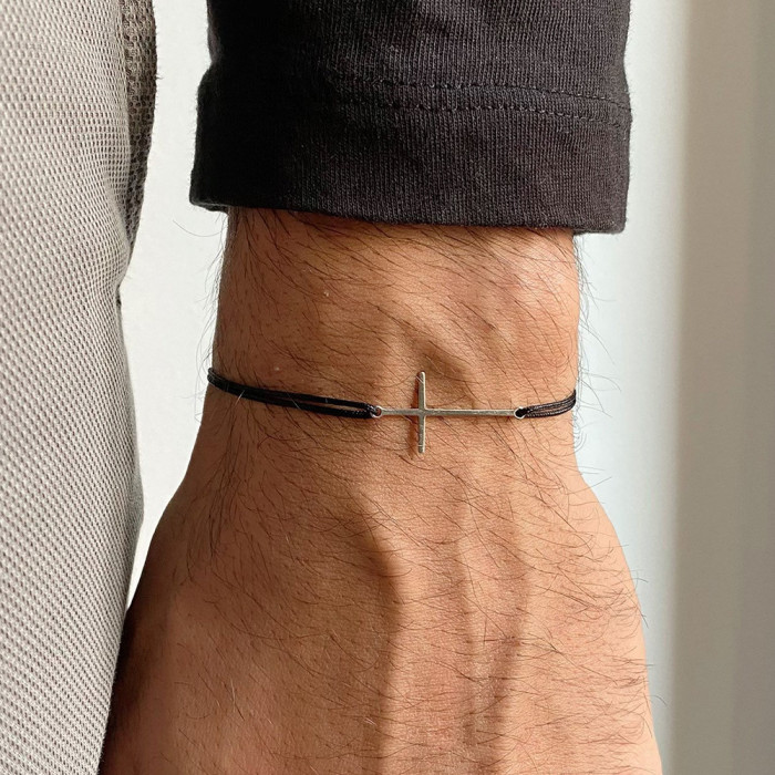 Stainless Steel Cross Black Rope Braided Bracelet Religious Style Adjustable Men's Bracelet Jewelry
