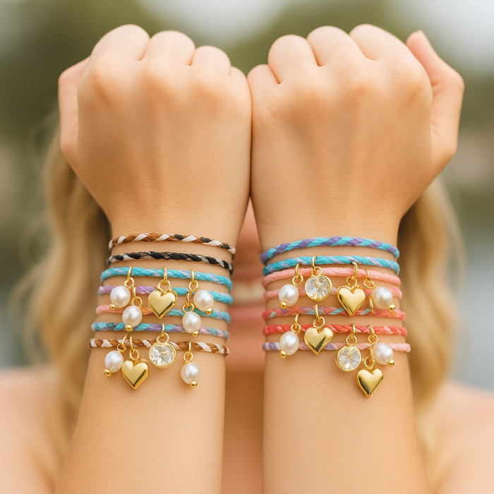 Colorful Rope Woven Pearl Bracelet Summer Beach Vacation Hand-twisted Striped Bracelet Heart Pendant Adjustable Brace...