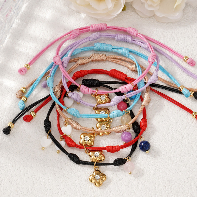 Ins Style Niche Design Pink Rope Woven Bracelet Heart Pendant Four-Leaf Clover Inlaid with Diamonds Adjustable Girl's Jewelry