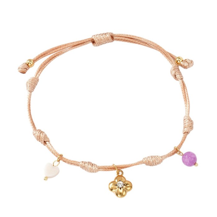 Stone-Inlaid Flower Shell Heart Pendant Bracelet Rose Pink Wax Cord Peruvian Knot Handwoven Daily Versatile Style,...