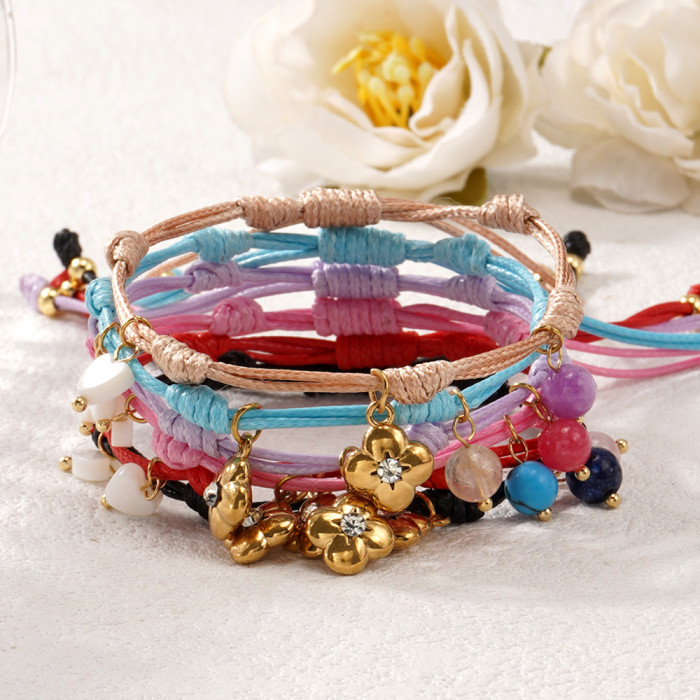 Stone-Inlaid Flower Shell Heart Pendant Bracelet Rose Pink Wax Cord Peruvian Knot Handwoven Daily Versatile Style,...