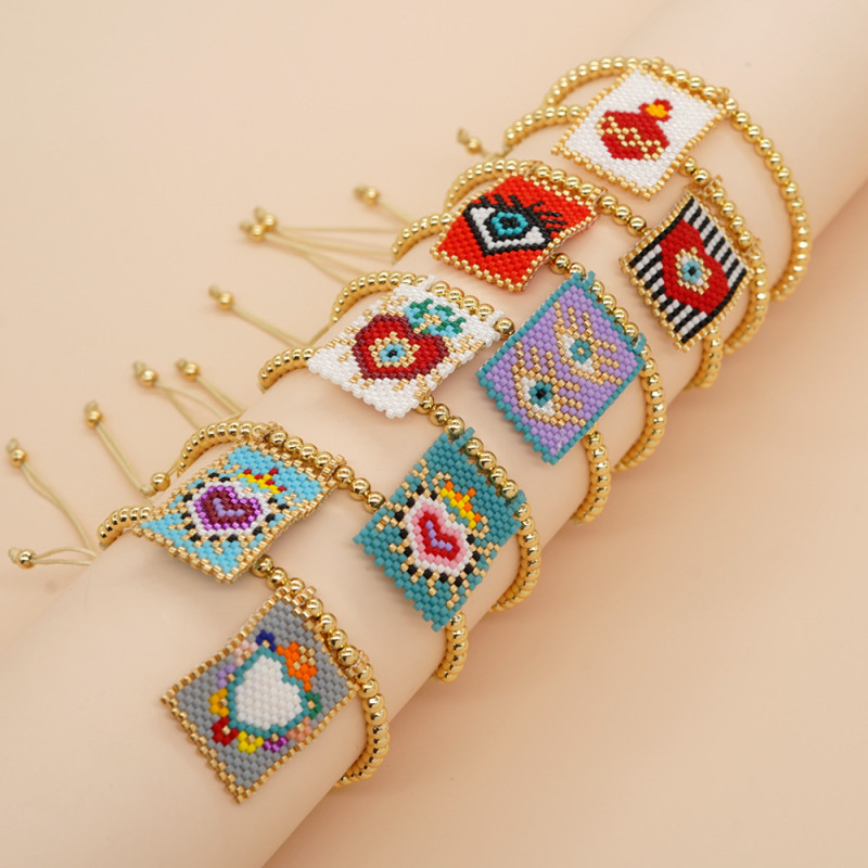 Vintage Heart and Square Tag Bracelet Indian Ethnic Tribal Style Gold Bead Woven Beaded Bracelet Ins Hot Item