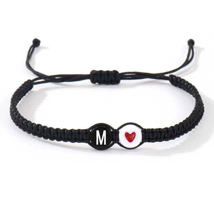 European and American Cross-Border 26 Letter Heart Braided Bracelet Creative Black and White Round Bead Flat Knot Couple Friendship Jewelry