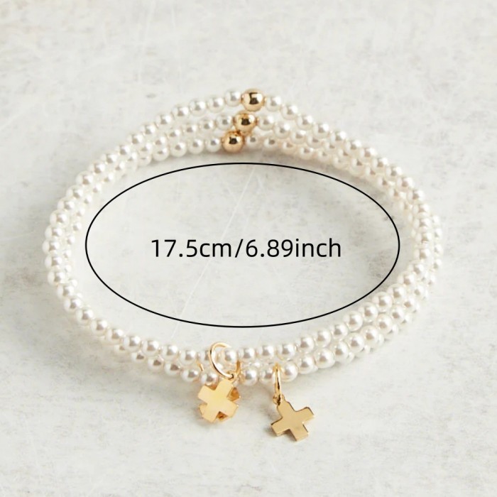 Cross-Border European and American Style Imitation Pearl Bracelet for Women Beaded Alloy Cross Woven Fashion Light Luxury High-End Feel