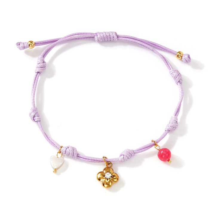 Ins Style Niche Design Pink Rope Woven Bracelet Heart Pendant Four-Leaf Clover Inlaid with Stones Adjustable Girl's...