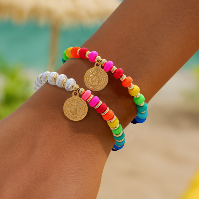 Cross-Border Hot Selling Beaded Bracelet for Women Handmade Woven Colorful Soft Clay Virgin Mary Pendant Adjustable Fashion Simple Style