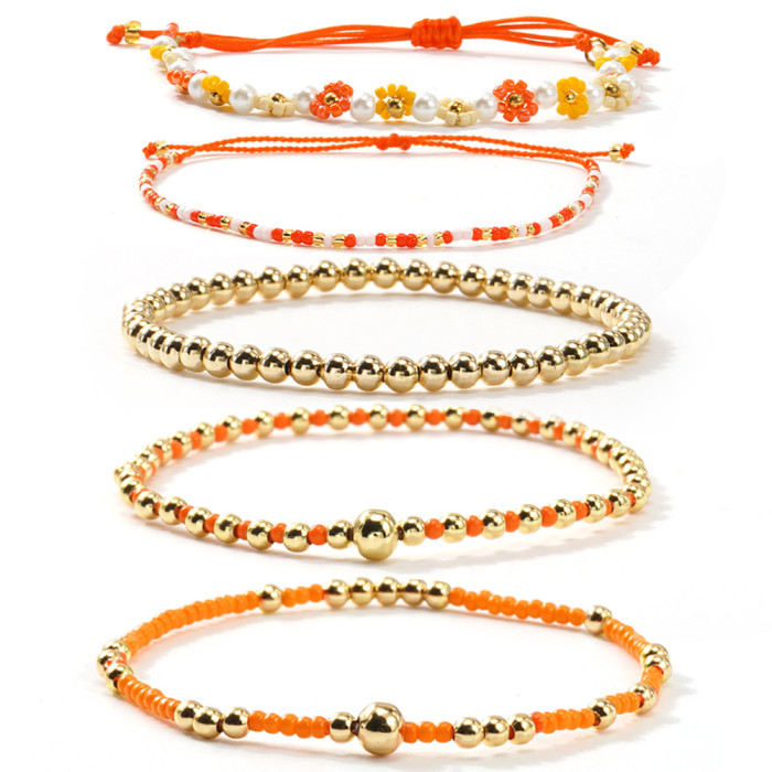 INS Style Orange Beaded Bracelet Set Wholesale Bohemian Multi-Layer Woven Stacking Bracelets for Women