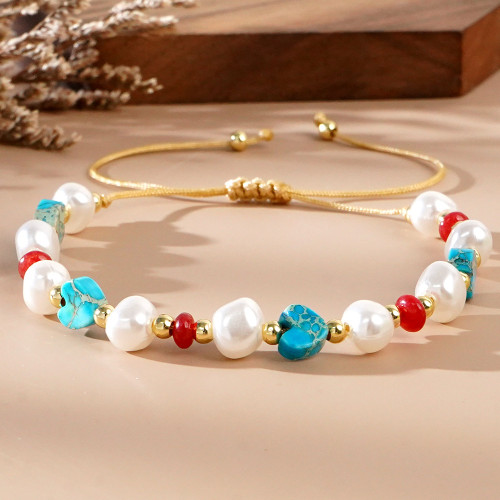 Summer Bohemian Style Light Luxury Natural Turquoise Pearl Woven Bracelet Elegant Versatile Essential Bracelet for Women