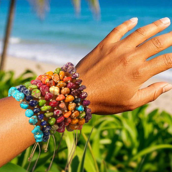 Cross-Border Hot-Selling Bohemian Style Natural Stone Multi-Color Shaped Stone Gold Bead Hand-Woven Bracelet In Stock
