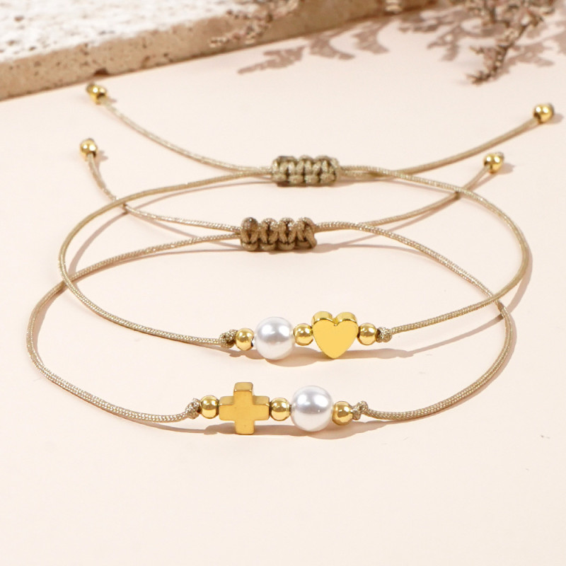 Summer Trend Imitation Pearl Bracelet Iron Gallstone Cross Heart Accessories Hand Jewelry Women's Birthday Gift Commemorative Bracelet