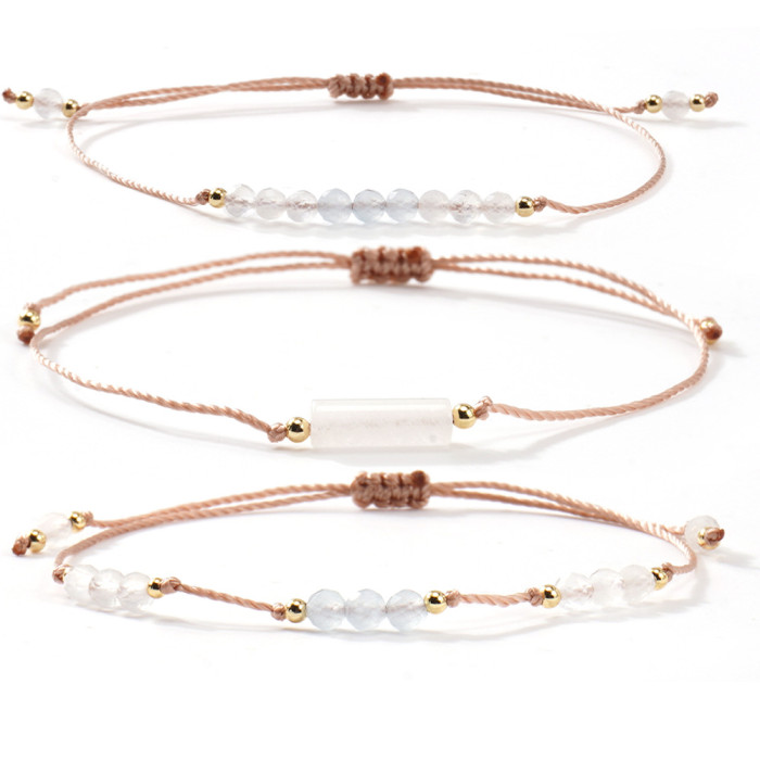 Cross-Border INS Style Hand-Woven Semi-Precious Stone Bracelet for Women Adjustable Moonstone White Crystal Beaded Bracelet Wholesale