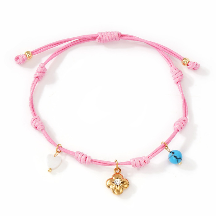 Stone-Inlaid Flower Shell Heart Pendant Bracelet Rose Pink Wax Cord Peruvian Knot Handwoven Daily Versatile Style,...