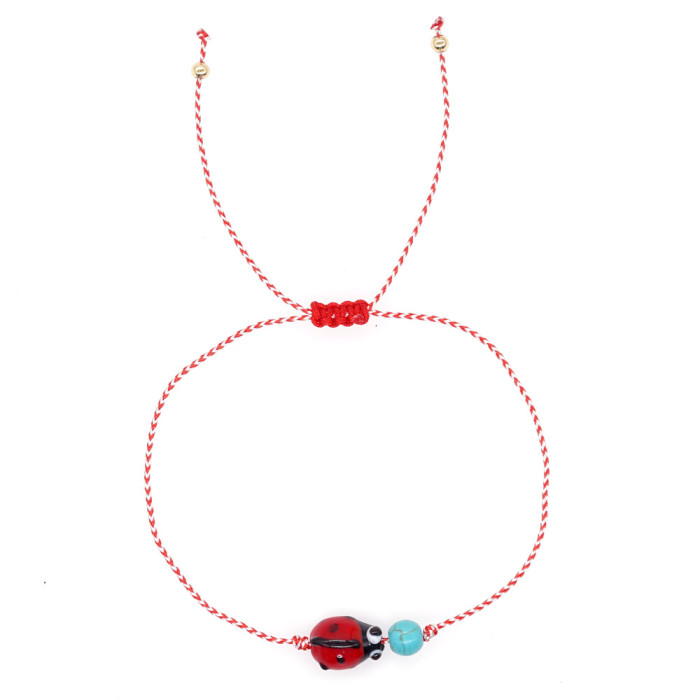 3mm Copper Beads Synthetic Turquoise Ladybug Red and White Cotton Rope Bracelet Woven Greek Maltese Bracelet