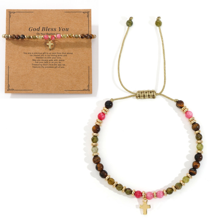 Cross-Border New Natural Stone Beaded Bracelet Gold Bead Spacer Wax Thread Hand-Woven Bracelet Cross Natural Bracelet