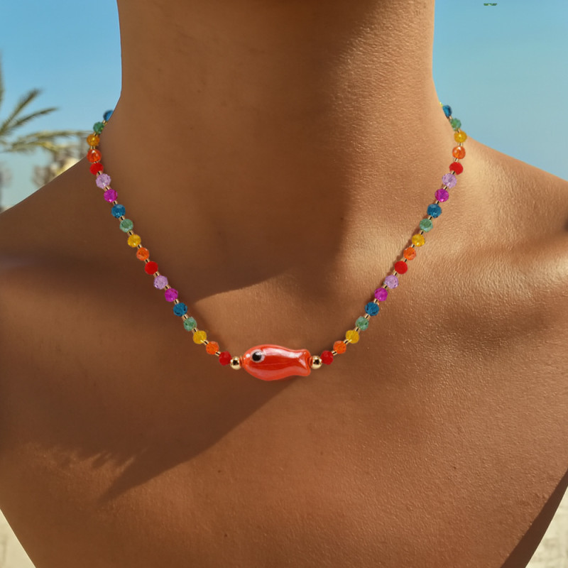 Original Woven Rainbow Crystal Necklace Best Friend Couple Soft Clay Fish Pendant Simple Design Cross-Border New Jewelry