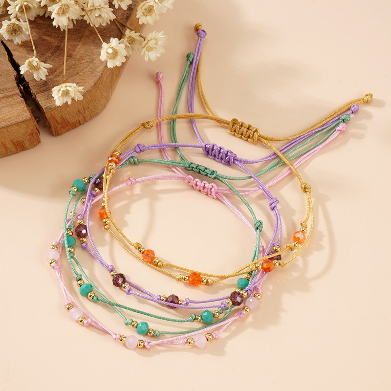 European and American Style Layered Design Crystal Copper Bead Handmade Rope Woven Bracelet Couple Bracelet Good Luck Peace Simple Gift