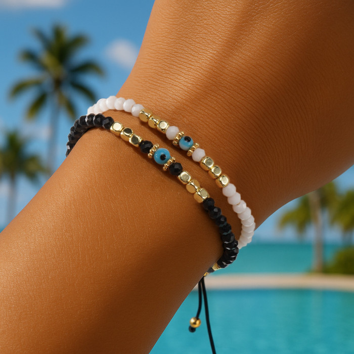 Devil's Eye Couple Bracelet Black and White Crystal Woven Beaded Versatile Bracelet 2-Piece Set