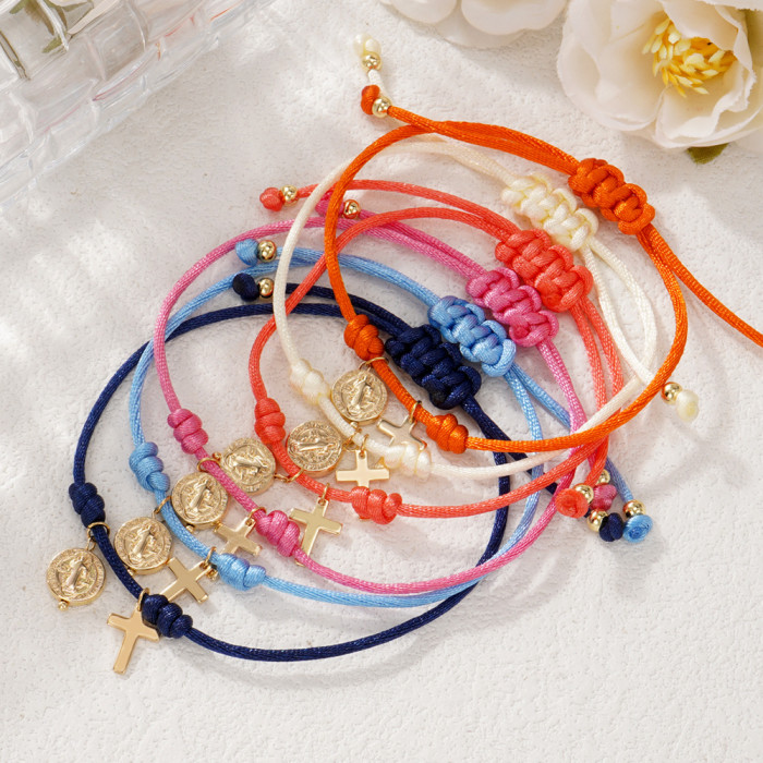 Colorful Hand-woven Religious Bracelet Cross Pendant Women's Adjustable Bracelet Jewelry Wholesale, Necklaces