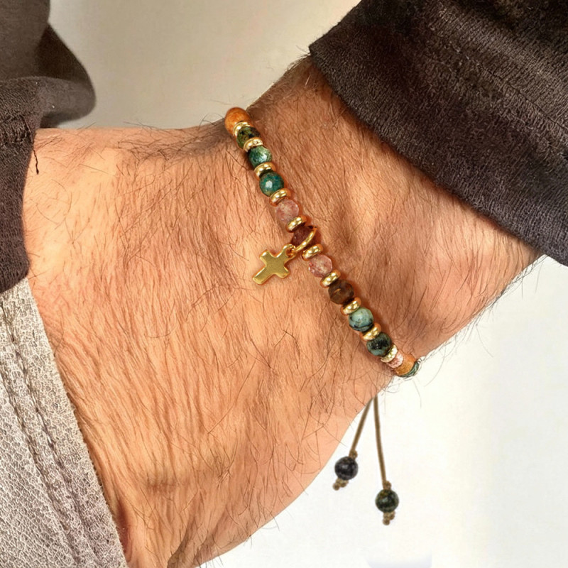 Cross-Border Hot-Selling Retro Ethnic Style Cross Natural Stone Bracelet for Men with Gold Beads Spacer Handmade Beaded Bracelet In Stock