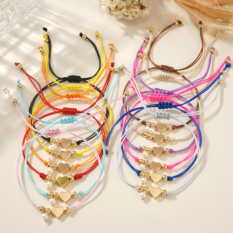 Summer Fresh Sweet Heart Bracelet Handmade Woven Imitation Pearl Beaded Bracelet Fashion Simple Bracelet for Women
