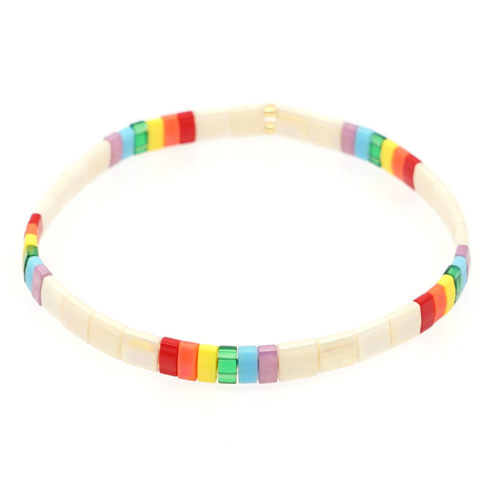 Simple Bohemian Ethnic Style Rainbow Tila Glass Bead Woven Striped Beaded Bracelet Factory Direct Sale for Women