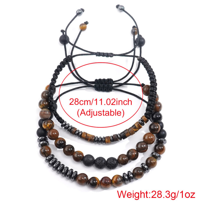 European and American New Style Tiger Eye Volcanic Stone Natural Stone Beaded Men's Bracelet 3-Piece Set Factory Wholesale