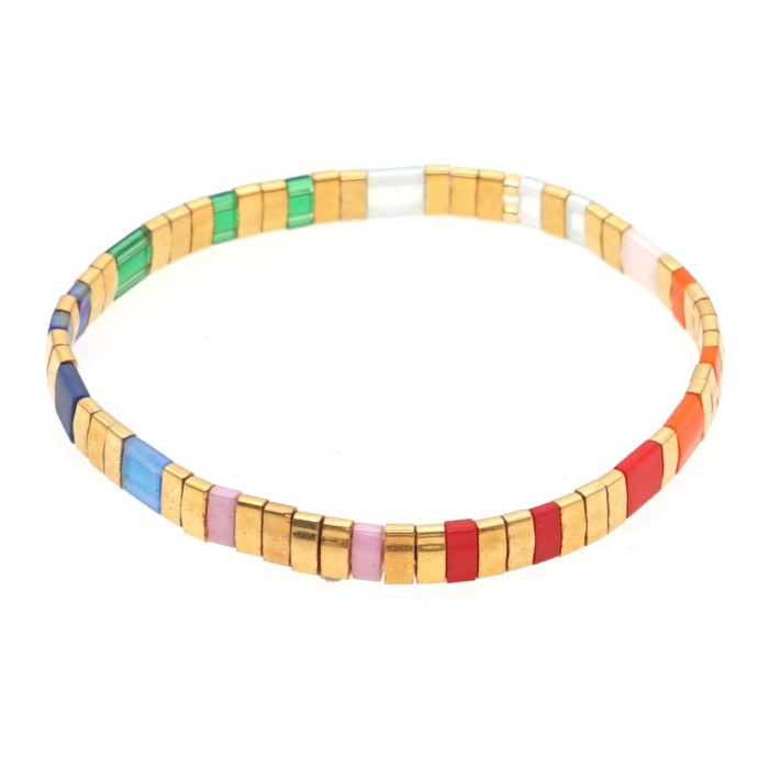 Simple Bohemian Ethnic Style Rainbow Tila Glass Bead Woven Striped Beaded Bracelet Factory Direct Sale for Women