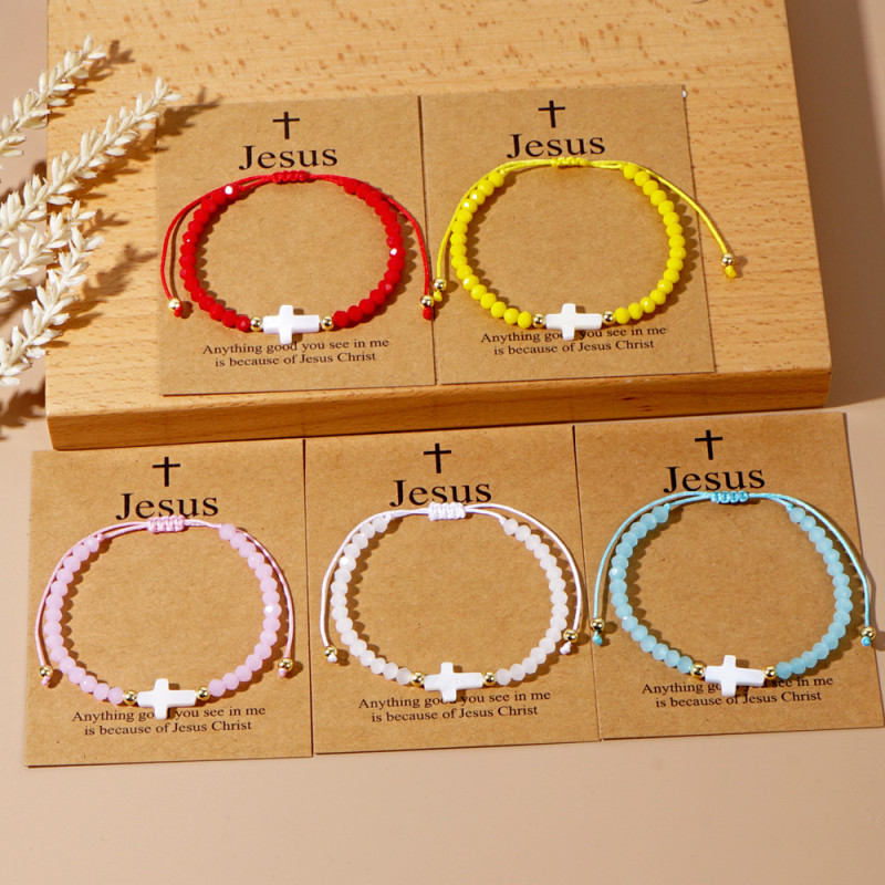 Cross-Border Hot-Selling Crystal Cross Bracelet Red Beaded Hand-Woven Religious Faith Bracelet Jewelry with Card