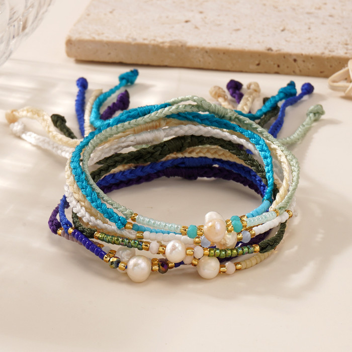 Bohemian Style Handmade Woven Bracelet for Women with Imitation Pearl and Crystal Beads, Color-Block Simple Fashion H...