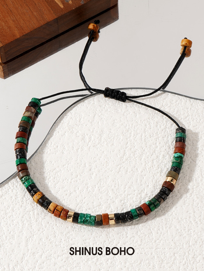 European and American Cross-Border Hot Sale 2025 Summer Iron Gall Stone Spacer Semi-Precious Stone Bracelet for Men and Women Green Dot Woven Cuff Beaded