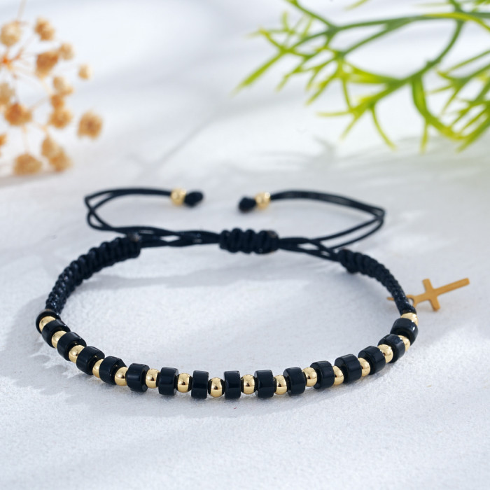 Forest Style Warm Orange Bracelet Imitation Emperor Stone Round Disc Metal Copper Bead Cross Orange Braided Rope Daily Bracelet