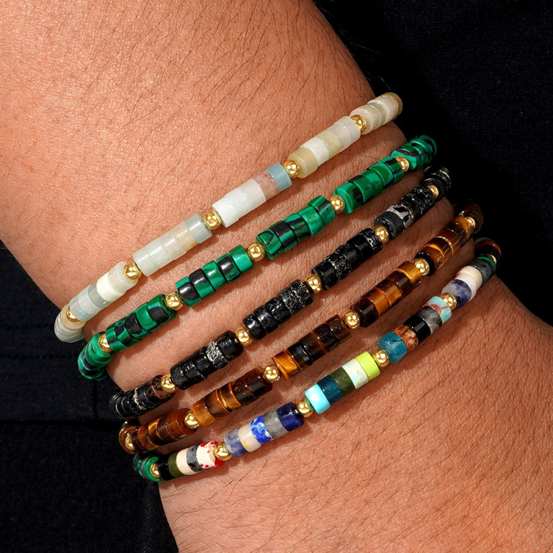 European and American Cross-Border Hot Sale 2025 Summer Iron Gall Stone Spacer Semi-Precious Stone Bracelet for Men and Women Green Dot Woven Cuff Beaded