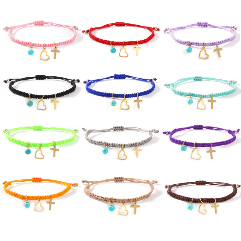 DIY Bracelet for Women Simple Handmade Woven Flat Knot Jewelry Rope Heart Cross Synthetic Turquoise Bracelet
