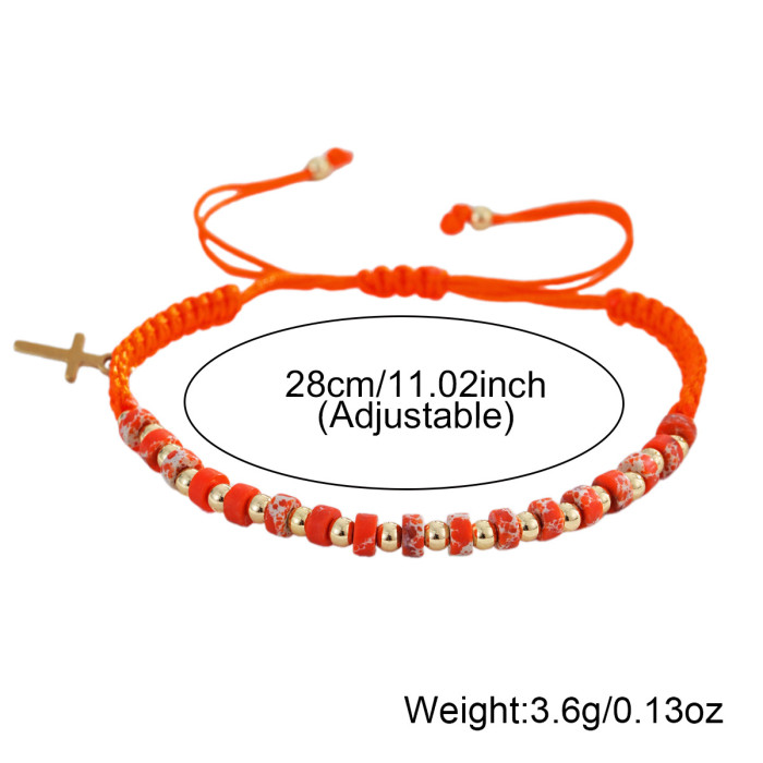 Forest Style Warm Orange Bracelet Imitation Emperor Stone Round Disc Metal Copper Bead Cross Orange Braided Rope Daily Bracelet