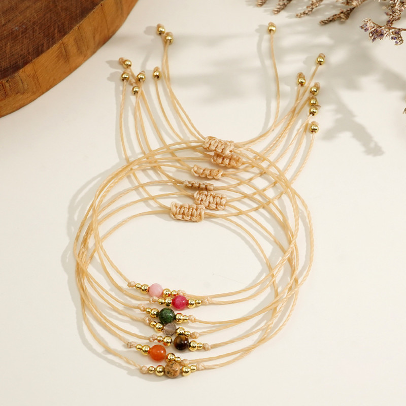 European and American Cross-Border Hot Selling Simple Casual Copper Bead Khaki Wax Thread Semi-Precious Stone Bracelet for Men and Women Multi-Piece Set Wholesale