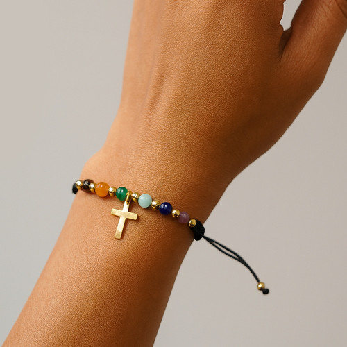 Source Factory Handmade Woven Black Rope Cross Bracelet Rainbow Natural Stone Beads Adjustable Cross-Border In Stock Wholesale