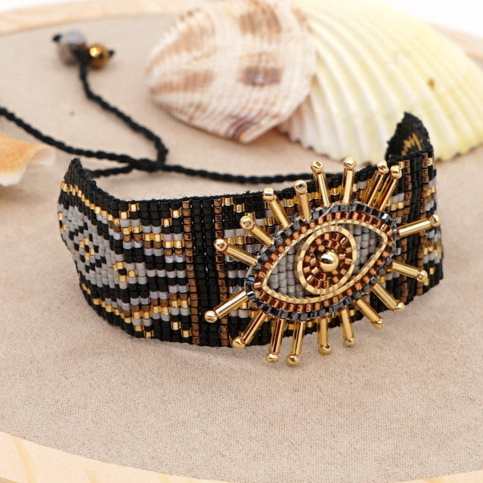 Personalized Blue 3D Demon Eye Miyuki Bracelet Set Handmade Woven Solid Color 3-Row Gold Bracelet for Men and Women