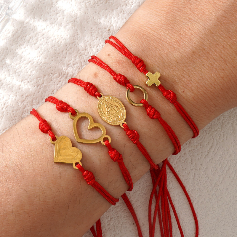 Vintage Gold Cross Bracelet Red Double Rope Weaving Religious Element Personality Versatile Women's Daily Jewelry