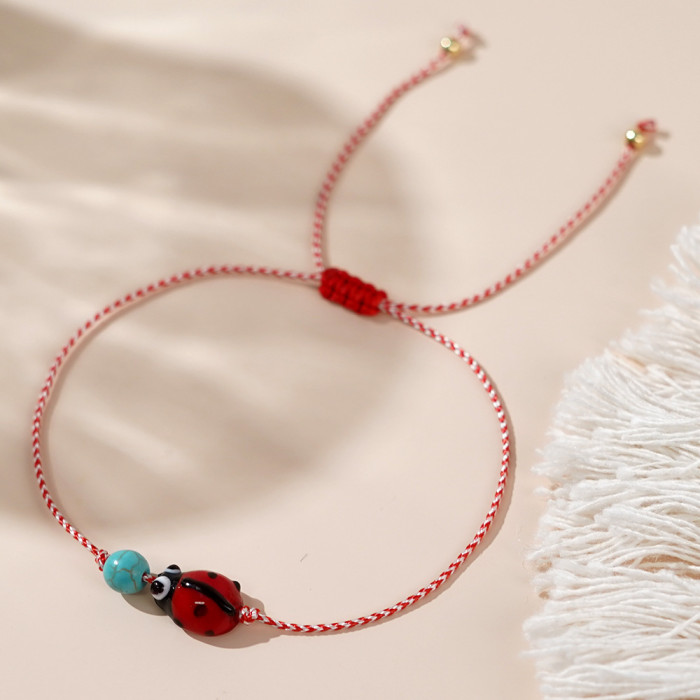3mm Copper Beads Synthetic Turquoise Ladybug Red and White Cotton Rope Bracelet Woven Greek Maltese Bracelet