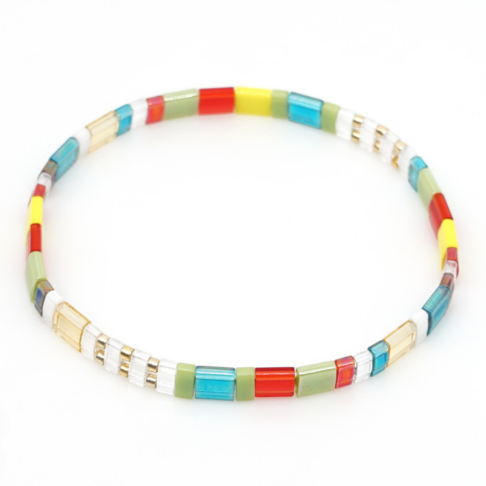 Simple Bohemian Ethnic Style Rainbow Tila Glass Bead Woven Striped Beaded Bracelet Factory Direct Sale for Women