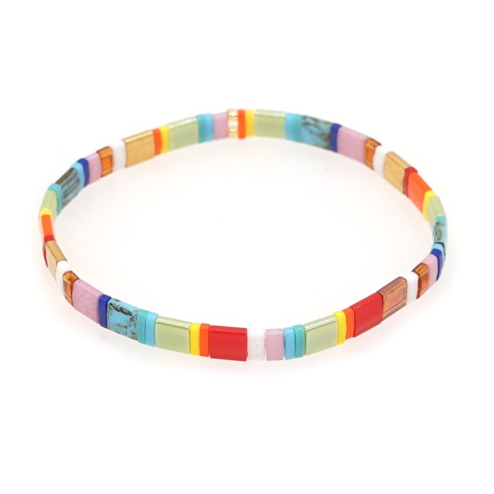 Simple Bohemian Ethnic Style Rainbow Tila Glass Bead Woven Striped Beaded Bracelet Factory Direct Sale for Women
