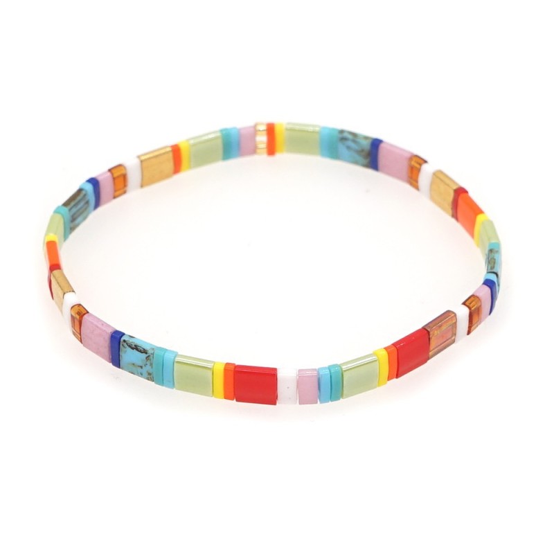 Simple Bohemian Ethnic Style Rainbow Tila Glass Bead Woven Striped Beaded Bracelet Factory Direct Sale for Women