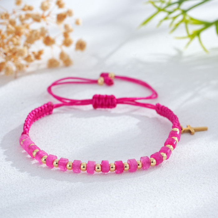 Forest Style Warm Orange Bracelet Imitation Emperor Stone Round Disc Metal Copper Bead Cross Orange Braided Rope Daily Bracelet