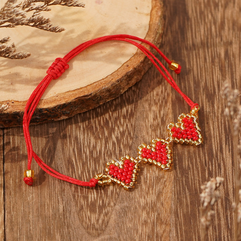 Heart-shaped Woven Red Rope Bracelet with Gold Beads Ethnic Style Commuting Gift Hand Jewelry Night Market Hot-selling Bracelet